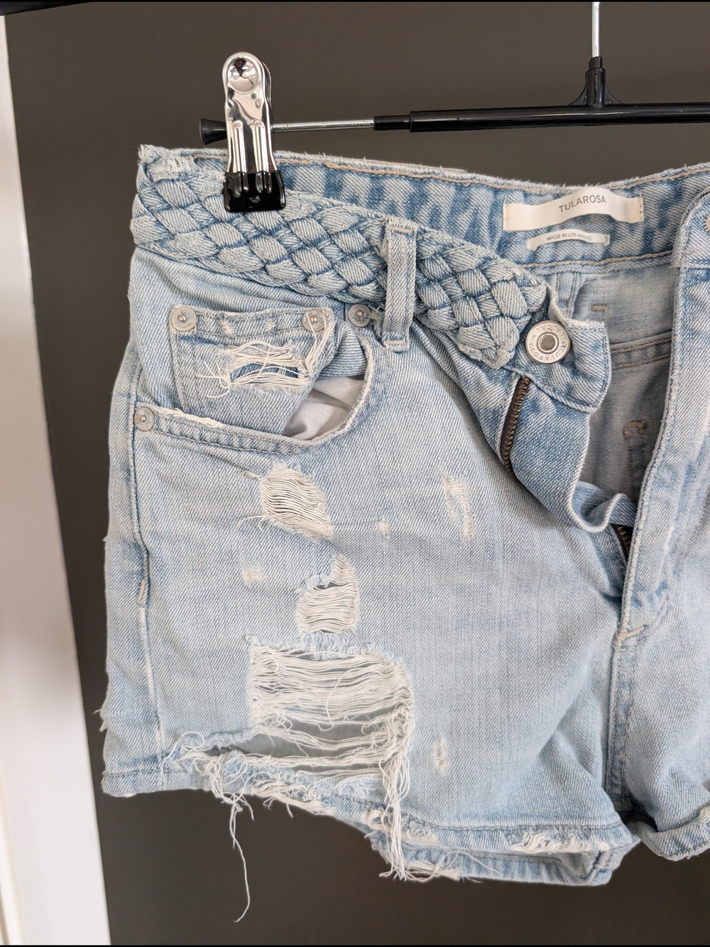 Tularosa Light Blue Distressed Denim Shorts with Braided Waist